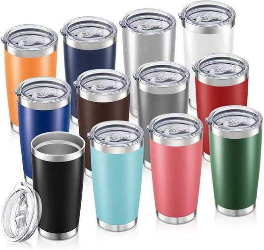 20 oz Tumbler Bulk with Lid Stainless Steel Insulated Tumblers Double Wall Vacuum Coffee Mug Powder Coated Tumbler Cups for Cold and Hot Drinks, Mix Color, 12 pack