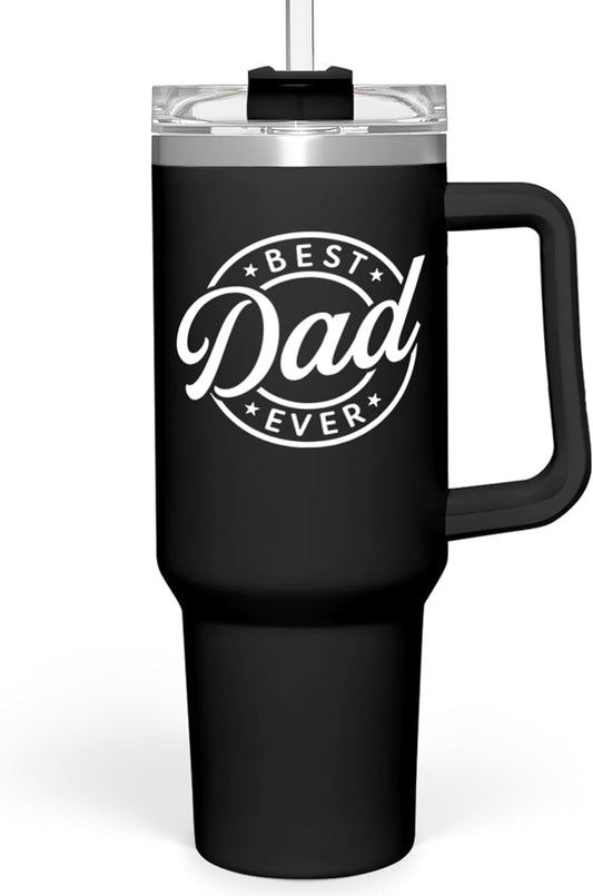 SANDJEST Best Dad Ever Tumbler with Handle - 40oz Stainless Steel Insulated - Dad Gifts for Daughter & Son - Coffee Tumbler for Father's Day, Birthday, Christmas - Cup Gift Set with Lid & Straw