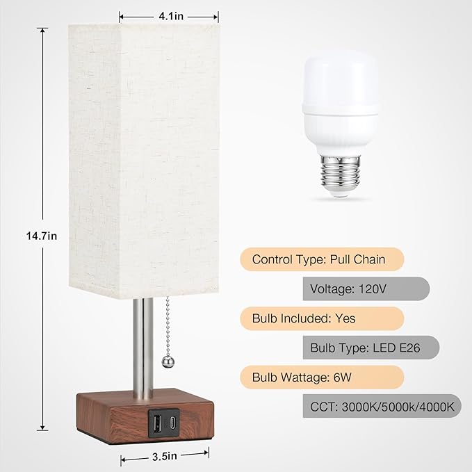 aooshine Red Brown Small Table Lamp for Bedroom - 3 Color Temperature 3000K 5000K 4000K Bedside Lamp, Pull Chain Control, USB A and C Ports, Pure Gold Color Base, Bulb Included - Bloomnest
