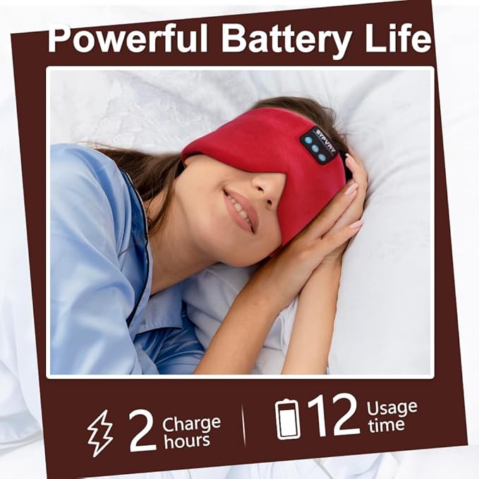 Sleep Mask Bluetooth 5.4 Headphones Soft Wireless Headband Eye Mask Blackout with Microphone (Red) - Bloomnest