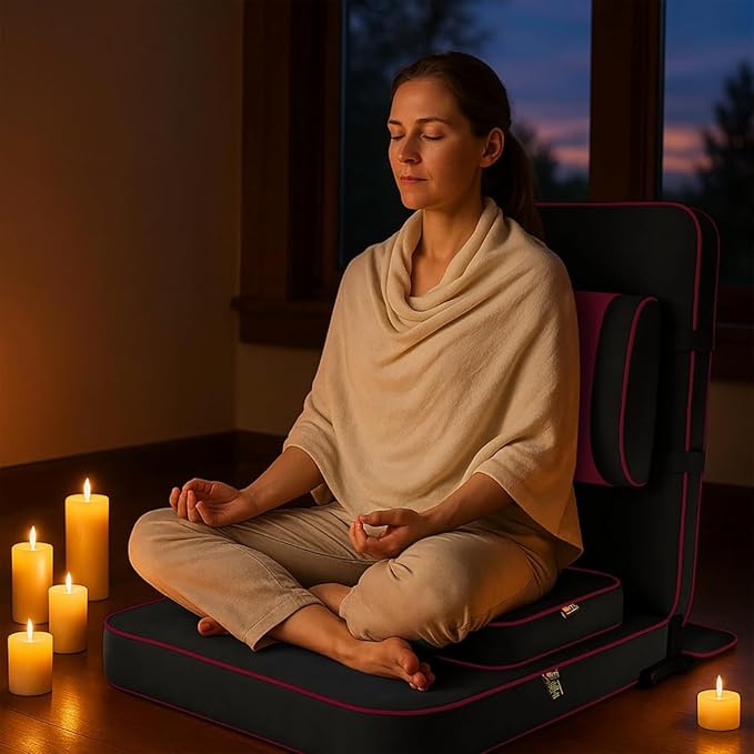 Friends of Meditation Extra Large Meditation Chair | Floor Chair with Back Support | Yoga Chairs for Adults | Portable Folding Chair | Yoga Chair with Cushion & Meditation Block | Black | 24x22 in - Bloomnest