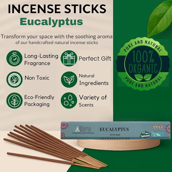 Bless-Eucalyptus 100%-Natural-Handmade-Hand-Dipped-Incense Organic-Chemicals-Charcoal-Free Purification-Relaxation-Positivity-Yoga-Meditation Best-Woods-Scent (100 Sticks(5.25 OZ))