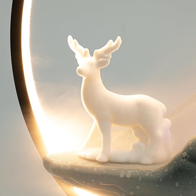 Tabletop Water Fountain with LED Light Ring,Atomizer,Water Pump Indoor Waterfall Backflow Incense Holder Deer Desk Ceramic Fountain with Mist for Office,Living Room or Bedroom Decoration (B) - Bloomnest