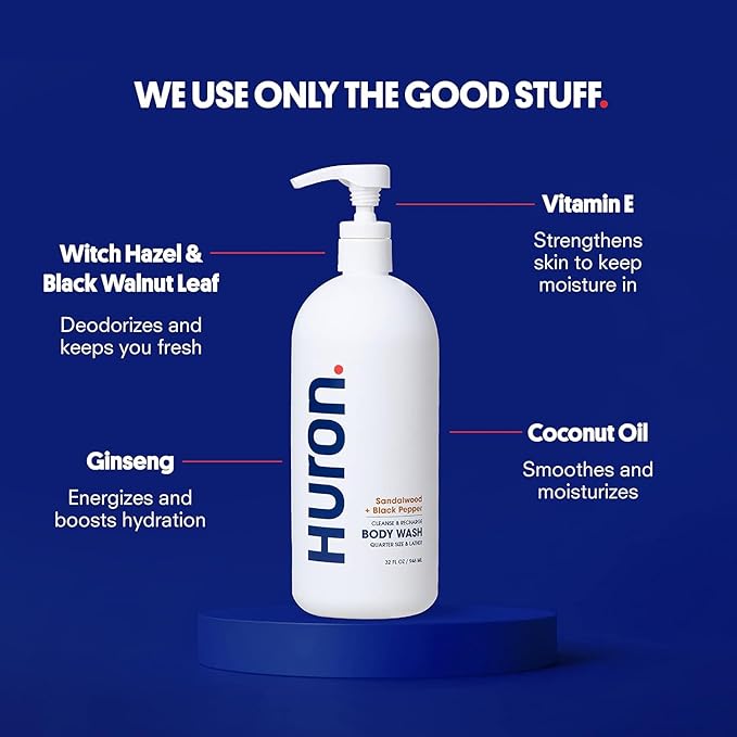 Huron Jumbo Shower Kit - Shampoo, Conditioner, & Body Wash For Men - Sandalwood + Black Pepper Scent - Hydrating & Nourishing Men’s Shampoo & Conditioner (30.3 Oz Each) - Bloomnest