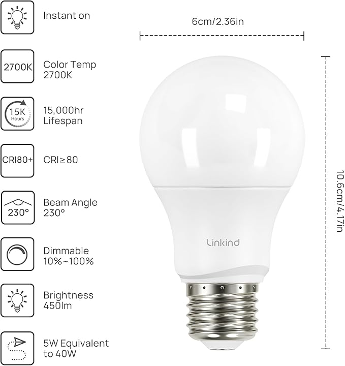 Linkind A19 LED Light Bulbs Dimmable, 40 Watt Equivalent, E26 Base, 2700K Soft White, 5W 450 Lumens CRI80+, 120V, UL Listed FCC Certified, LED Lights for Bedroom Living Room Home Office, 6 Packs - Bloomnest