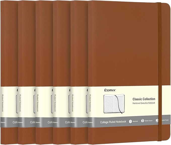 Comix 6 Pack Lined Journal Notebooks for Work, 240 Pages, 5.5"x8.3", Brown, Hardcover, A5 Medium College Ruled, Journaling Notebooks for Notes-taking, Fits for Office School Home - Bloomnest
