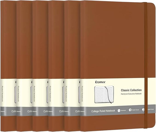 Comix 6 Pack Lined Journal Notebooks for Work, 240 Pages, 5.5"x8.3", Brown, Hardcover, A5 Medium College Ruled, Journaling Notebooks for Notes-taking, Fits for Office School Home - Bloomnest