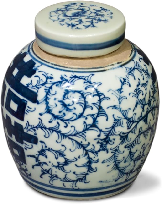 China Furniture Online Blue and White 4.5in Porcelain Double Happiness Small Chinese Jar with Lid - Bloomnest