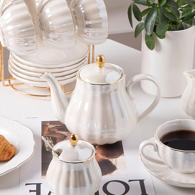 Porcelain Tea Sets British Royal Series, 8 OZ Cups& Saucer Service for 6, with Teapot Sugar Bowl Cream Pitcher Teaspoons and tea strainer for Tea/Coffee (Coral White) - Bloomnest