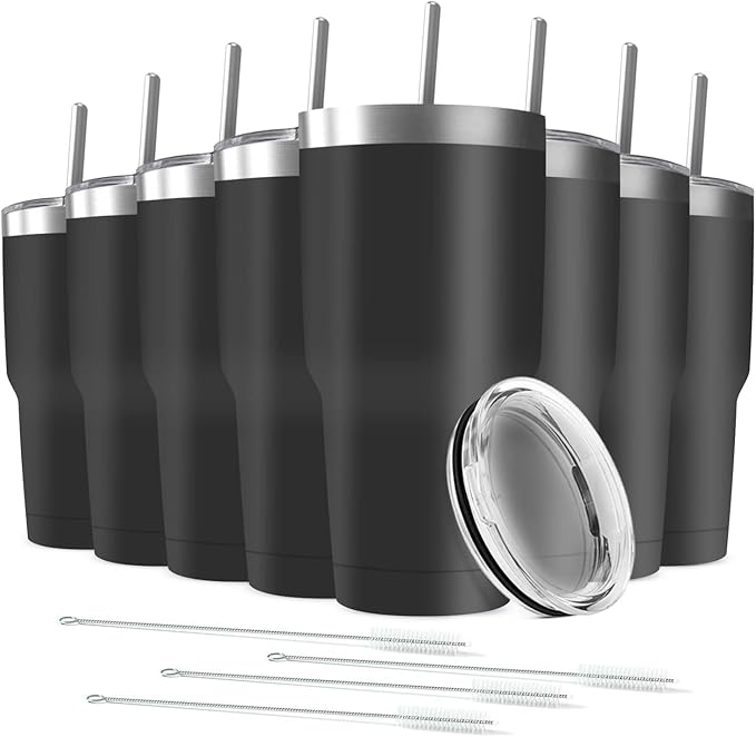 30oz Tumbler Vacuum Insulated Travel Mug with Lids, Stainless Steel Double Wall Bulk Cup for Home, Office, Outdoor Suitable for Vehicle Cup Holders(Set of 8, Black) - Bloomnest
