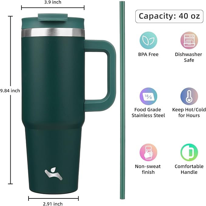 40 oz Tumbler with Handle and 2 Straws,2 in 1 Lid Insulated Water Bottle Stainless Steel Travel Coffee Mug,Dark Green - Bloomnest