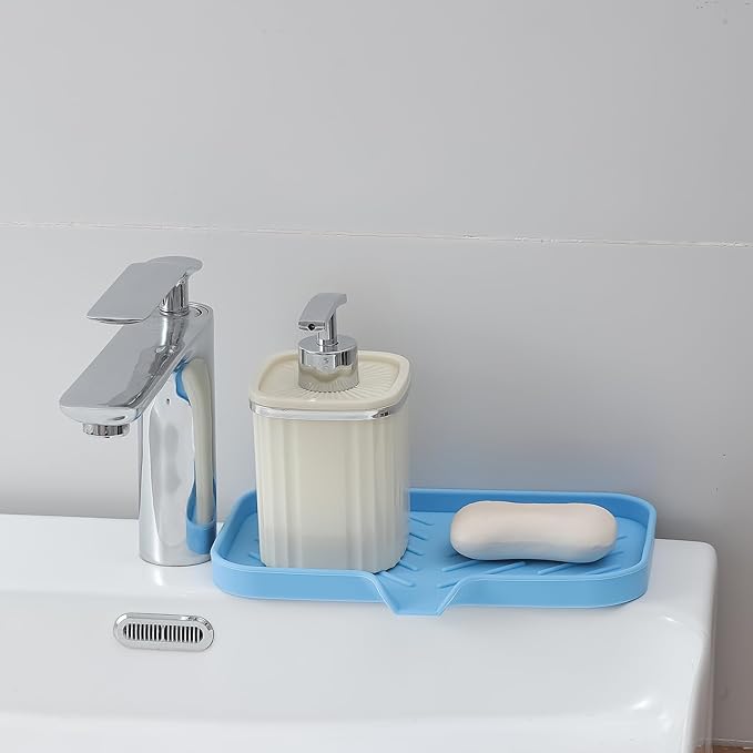 Silicone Bathroom Soap Dishes with Drain Spout-Bathroom and Kitchen Sink Organizer,Sponge Holder,Dish Soap Tray,Perfect for Dispenser,Scrubber,Bottle on Sink or Counter-Light Blue 9.6"×5.3" - Bloomnest