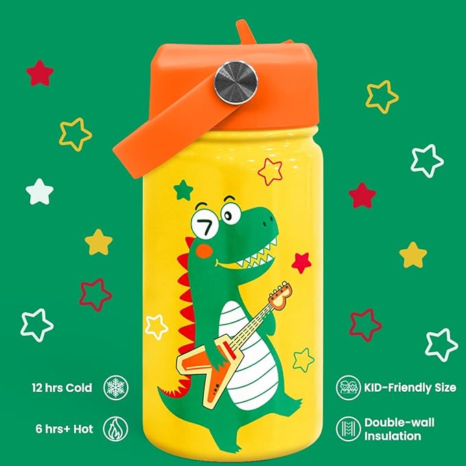 SANDJEST Dinosaurs Water Bottle - Dino Kids Water Bottle with Straw Lid - 12 Oz Insulated Stainless Steel Water Bottles for Kid Boys - Travel Cup for School Sports - Bloomnest