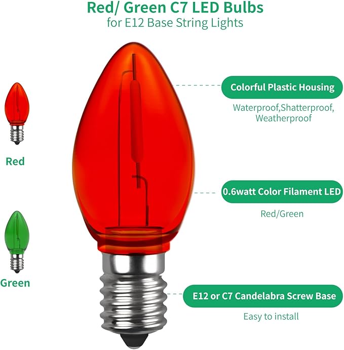 Meconard C7 Led Replacement Christmas Light Bulb, C7 Shatterproof Led Bulbs for Christmas Indoor Outdoor String Lights, E12 Candelabra Base Red Light Bulbs Green Light Bulb, 25 Pack - Bloomnest