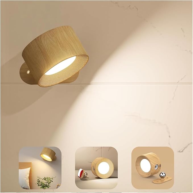 Battery Operated Wall Light, LED Wall Sconce with 3 Color Modes 3 Brightness Levels 360°Rotation Lighting Touch Control, Wall Mounted Lamp Cordless Wall Lamp for Bedroom Reading Bedside-1Pack - Bloomnest