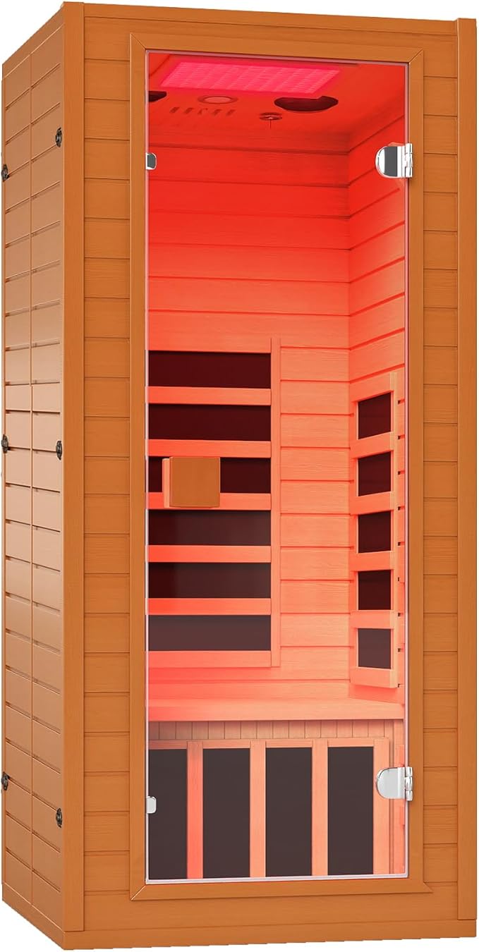 springspa Infrared Sauna for Home, 1 Person Home Sauna with Red Light Therapy, Canadian Hemlock Wooden Dry Saunas Room with Bluetooth Speakers, 1178 W/120V, 15 Minutes Pre-Warm up springspa