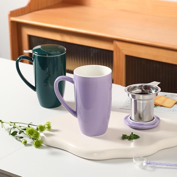 Sweejar Porcelain Tea Infuser Mug with Lid, 20 oz Teacup with Strainers for Loose Leaf Tea, Microwave and Dishwasher Safe Coffee Mug(Purple) - Bloomnest