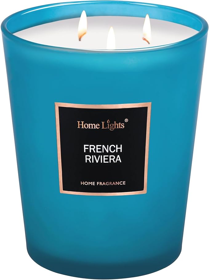 HomeLights Scented Candles | Large Jar Candle - 33.3 Oz. Natural Soy Aromatherapy Candles | Up to 130 Hours Burn Time with 3 Cotton Wicks,Home Decorative Fragrance Candles Gift - French Riviera - Bloomnest