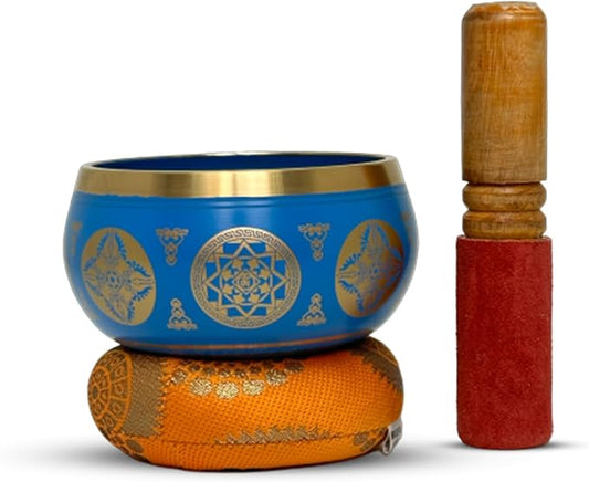 Nature's Own Tibetan Singing Bowl Set- Easy to Play- Meditation Sound Bowl Handcrafted in Nepal for Yoga, Mindfulness, Chakra Healing, Stress Relief- Spiritual Gifts for Women and Men (3.5 Inch, Blue) - Bloomnest