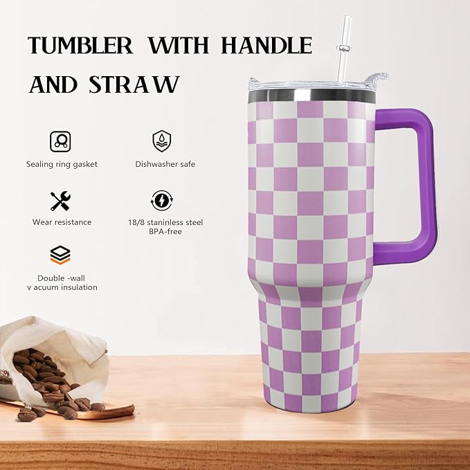 Ceovfoi 40 Oz Checkered Tumbler with Handle Lid and Straw, Purple Checkered Tumbler Water Bottle Travel Coffee Cup Mug,Checkered Gifts for Women - Bloomnest