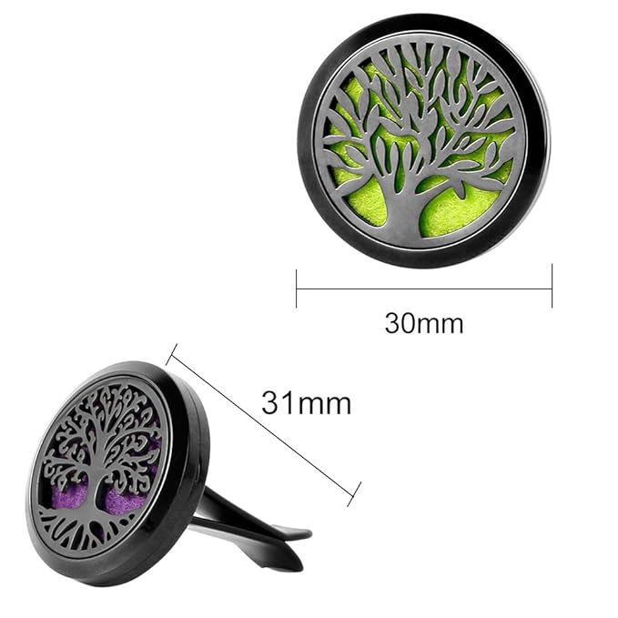 2PCS Tree of Life Car Diffuser Aromatherapy Essential Oil Black Stainless Steel Locket with Vent Clip 12 Felt Pads - Bloomnest