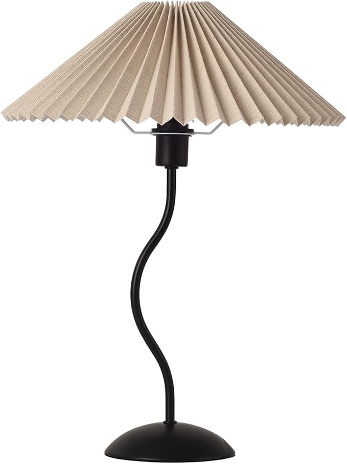 KUNJOULAM Small Pleated Table Lamp, Bedside Nightstand Lamp with Beige Lampshade Black Base, Morden Mini Lamp for Bedroom Home Office Decor, E12 Bulb Included - Bloomnest