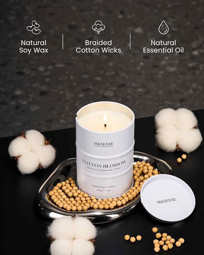 M&SENSE Cotton Blossom Scented Candles Natural Non Toxic, Aromatherapy Candle for Stress Relief Meditation Relaxing, Housewarming Gifts for Women Men, 11.3oz 70 Hour Long Burning - Bloomnest