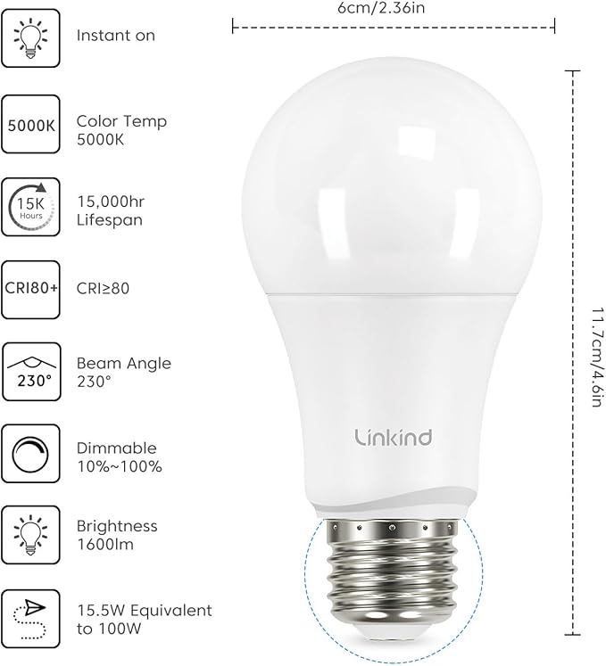 Linkind A19 LED Light Bulbs Dimmable, 100W Equivalent, E26 Base, 5000K Daylight, 15.5W 1600 Lumens CRI80+, 120V, UL Listed FCC Certified, LED Lights for Bedroom Living Room Home Office, 6 Packs - Bloomnest