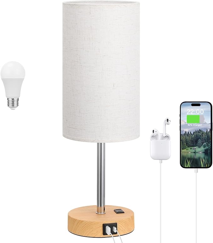 Dicoool Touch Bedside Table Lamp with USB - 3 Way Dimmable Wood Lamp for Bedroom Nightstand, Desk Lamp with Charging Station for Dorm, Office, Kids Room, Living Room - Bloomnest