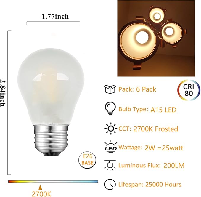 Frosted E26 LED Bulb 25w Equivalent 2700K Warm White 2W LED Light Bulb Dimmable LED Filament Globe Bulb, Short Edison Bulb for Ceiling Fan, Chandelier, Vanity, 6 Pack - Bloomnest