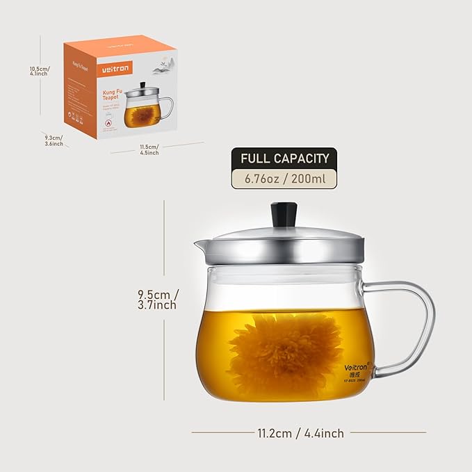 200ml (6.76 oz) Glass Teapot with Stainless Steel Strainer, Small Teapot for Stovetop, Home, Office or Solo Tea Drinking