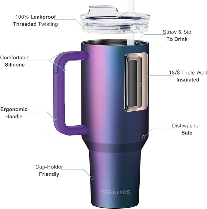 40 oz Tumbler with Handle and Straw Lid Insulated Tumblers Cups with Lids Straws Double Wall Vacuum Leak Proof Stainless Steel 40oz Tumbler Travel Mug Gifts for Men Women Him Her (Aurora) - Bloomnest