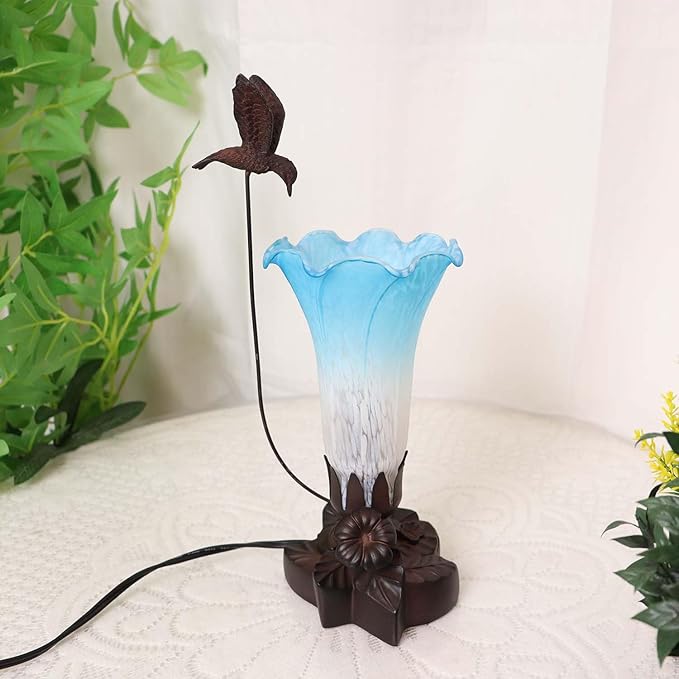 Bieye LL04 Hummingbird Flying Over Lily Flower Blown Glass Table Lamp for Home Decor (White Blue, 4.25Wx12H)