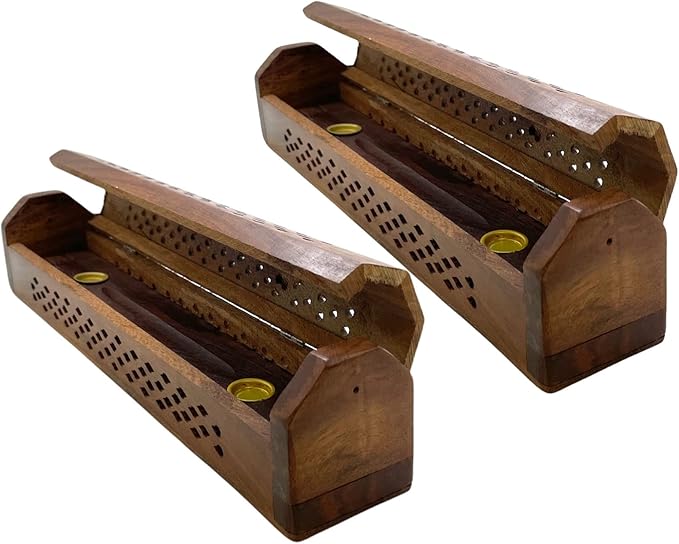 2 Pack Wooden Coffin Incense Sticks Burner - 12 Inches Brass Inlays - Storage Compartment (Net Carving) - Bloomnest