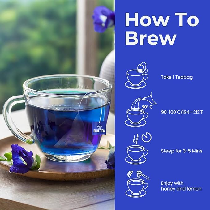 BLUE TEA - Butterfly Pea Flower Tea - Ashwagandha - 15 Count - Pyramid Plant Based Tea Bag | ANTIOXIDANT RICH | Caffeine Free - Flower Based - Detox Tea - Non-GMO | Reusable Tin Pack - Bloomnest