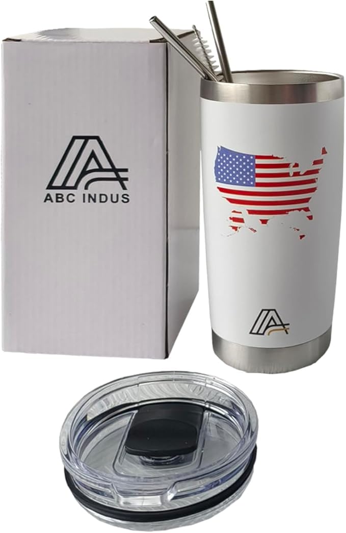 Tumbler 20oz Stainless Steel, Vacuum Insulated w/MagSlider Lid, USA Flag Theme on White, Double Wall, Keeps Drinks Cold & Hot, Patriotic Gift - Bloomnest