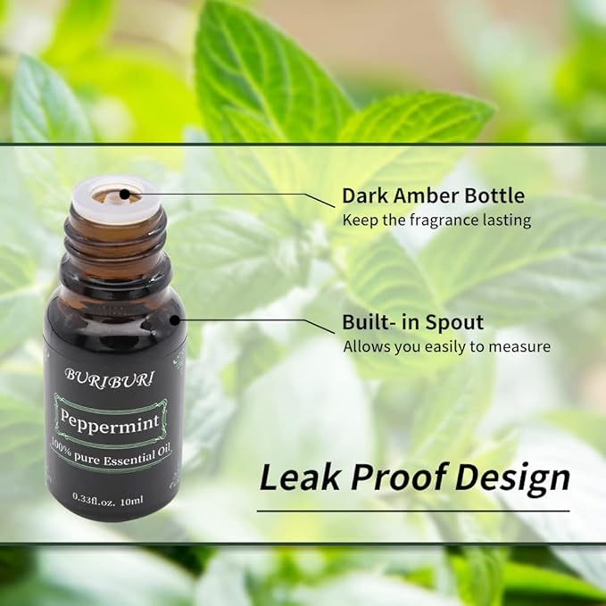BURIBURI Peppermint Essential Oil 100% Pure, Undiluted, Natural, Organic Aromatherapy Mint Essential Oils 10ML for Diffuser, Soap Candle Making BURIBURI
