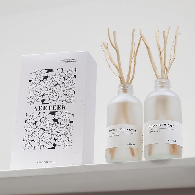 Eucalyptus Citrus & Oud Bergamot Reed Diffuser Set of 2, 14.8 oz(220mlx2) Scented Oils with Willow Branches Diffuser Sticks, Long Lasting Essential Oil, Air Freshener for Home, Office AEETEEKHOMEFRAGRANCE