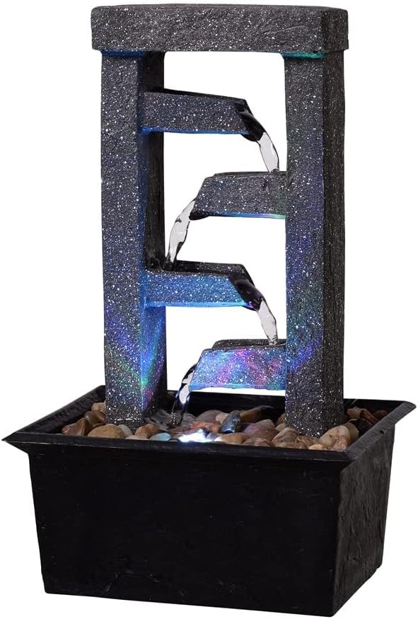 GOSSI 10" H 4 Tiered Cascading Rectangle Indoor Desktop Fountain with Natural River Rocks and RGB Color Changing LED Lights Home/Office Decoration Meditiation Resin waterfull Tabletop Fountain - Bloomnest