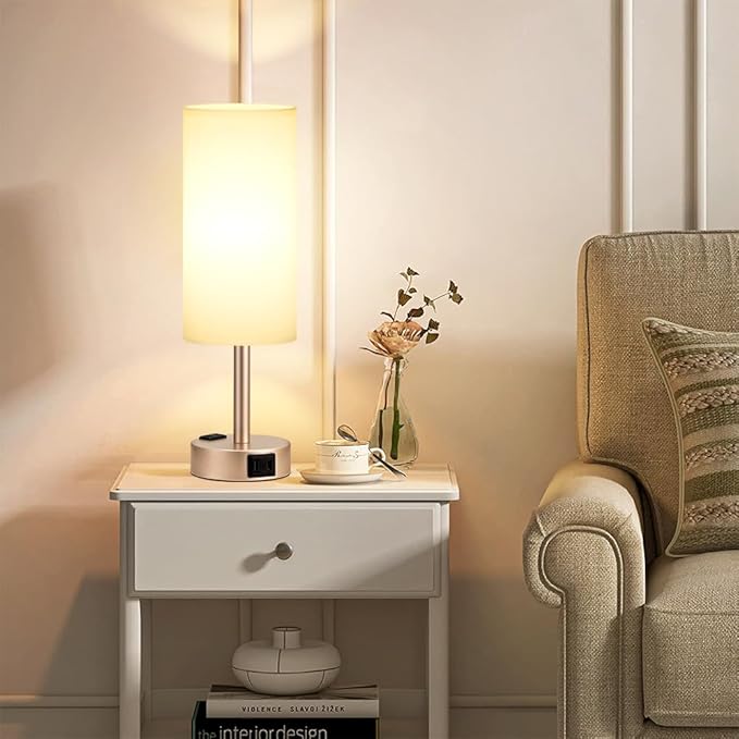 Antique White Bedside Table Lamp for Bedroom - 3 Way Dimmable Touch Lamp USB C Charging Ports and AC Outlet, Small Lamp Gold Base Round Flaxen Fabric Shade for Living Room, Desk, LED Bulb Included - Bloomnest
