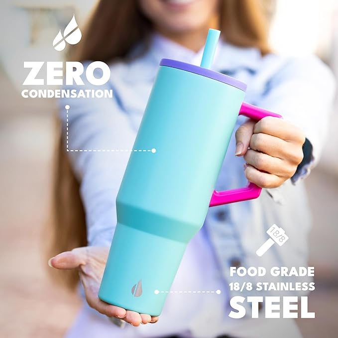 Elemental 40 oz Tumbler with Handle and Straw - Spill Proof Insulated Stainless Steel Commuter for Hot and Cold Beverages - Travel Coffee Mug with 2 Straws & Spill Proof Lid - 40oz - Blue Tie Dye - Bloomnest