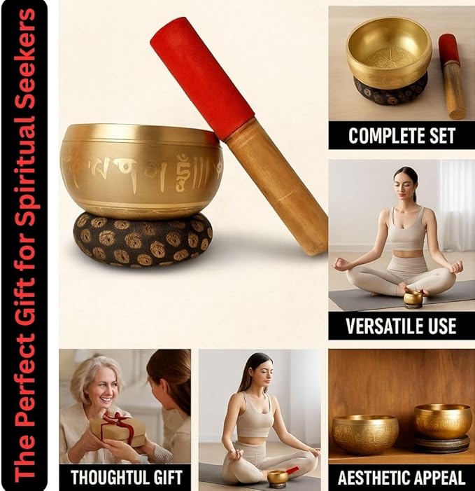 Tibetan Singing Bowl Set - Meditation Sound Bowl | Spiritual Gift for Women and Men Handmade Yoga Accessories (4" Engraved) GUAAFA