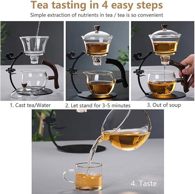 Lazy Kungfu Drip TeaPot, Heat Resistant Tea Set, Semi-Automatic Glass Teapot Suit for Magnetic Water Flow Wooden Glass Teapot Set