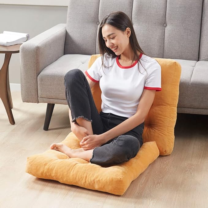 Degrees of Comfort Meditation Floor Pillow Set of 2, Square Large Pillows Seating for Adults, Tufted Corduroy Cushions for Balcony Outdoor Tatami Living Room, Orange Yellow, 22x22 - Bloomnest