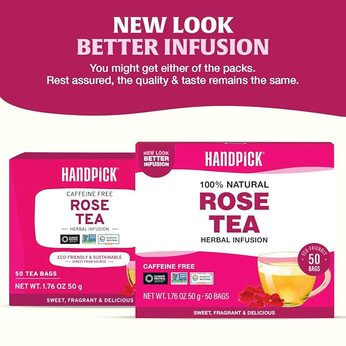 HANDPICK, Rose Buds Herbal Tea Bags - 50 Count | Caffeine Free Rose Tea with Chamomile & Tulsi | Floral & Smooth | Round Eco-conscious Tea Bags - Bloomnest