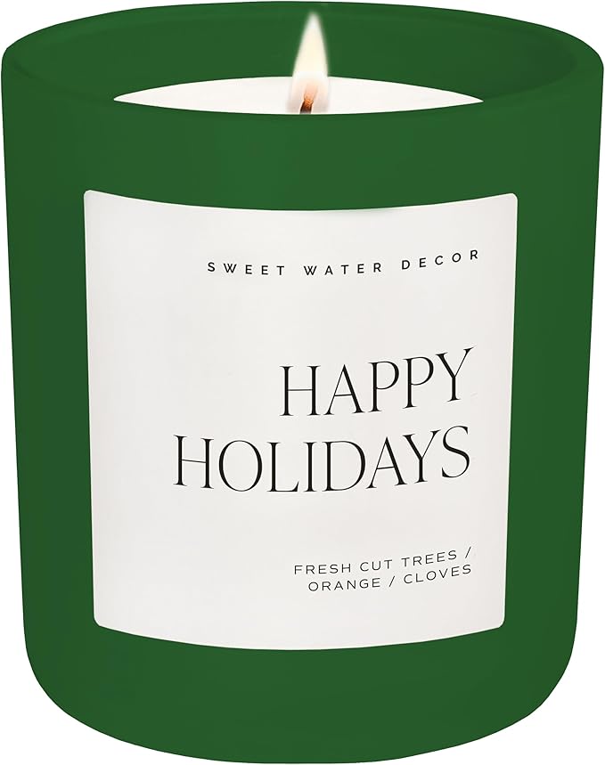 Sweet Water Decor Happy Holidays Candle - Apple Cider, Cinnamon, and Fresh Cut Christmas Tree Scented Candle for Home - 15oz Green Jar, 70+ Hour Burn Time, Made in The USA - Bloomnest