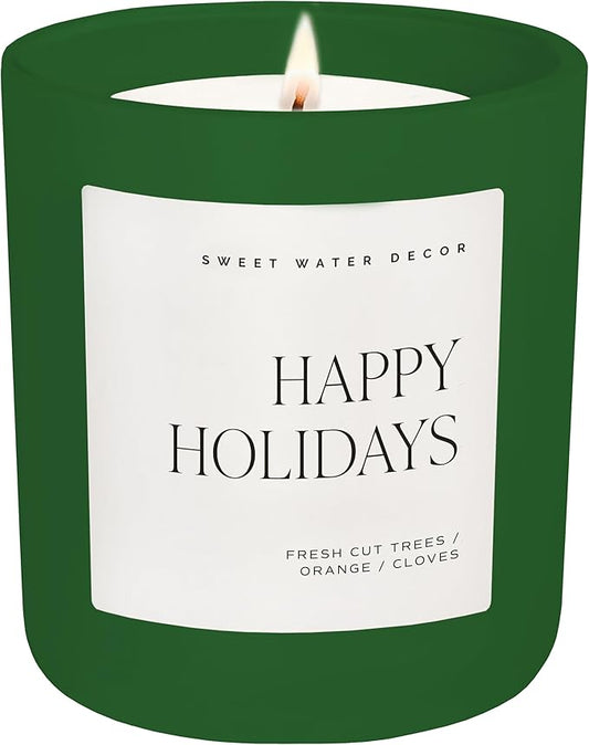 Sweet Water Decor Happy Holidays Candle - Apple Cider, Cinnamon, and Fresh Cut Christmas Tree Scented Candle for Home - 15oz Green Jar, 70+ Hour Burn Time, Made in The USA - Bloomnest