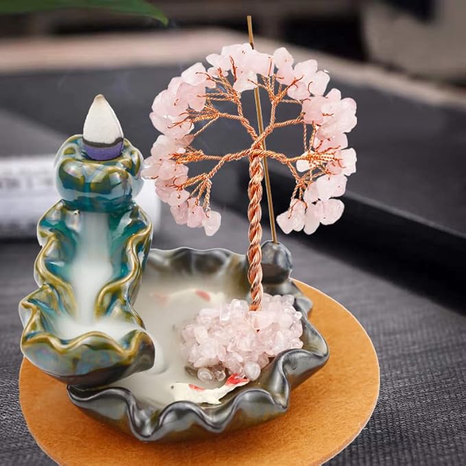 Backflow Incense Holder, Waterfall Incense Burner, Gemstone Money Tree Home Living Room Decorations Office Accessories for Women, Mothers Day Mom Gifts (Rose Quartz) - Bloomnest