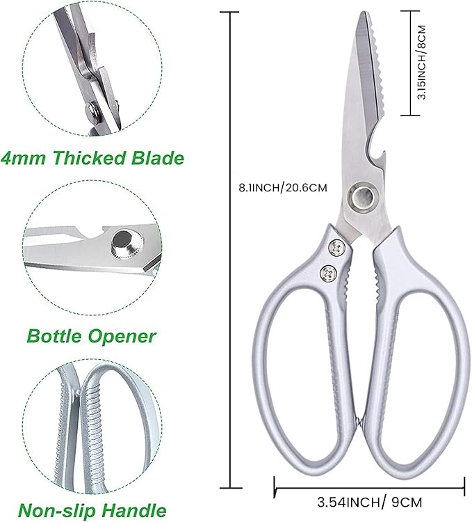 Kitchen Scissors All purpose, Have duty Stainless Steel Cooking Shears for Cutting Meat,Chicken, Poultry, Fish, Herbs, Seafood Scissors with Comfort Grip siver - Bloomnest
