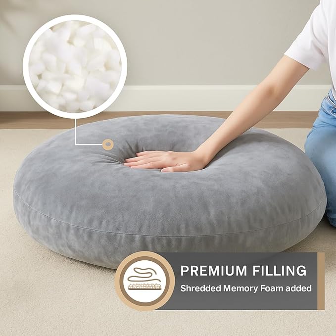 Codi Large Meditation Cushions – Round Floor Pillows for Adults with Removable Washable Cover, Soft and Supportive Floor Cushion for Yoga, Seating and Dog Bed, 32 inch - Grey - Bloomnest